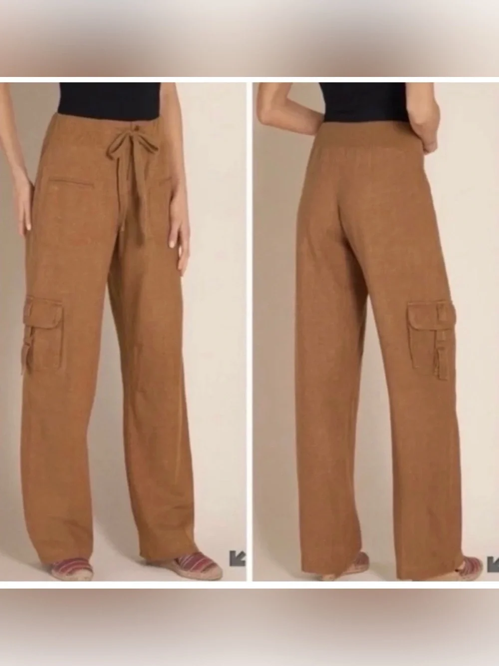 Soft Surroundings Wide-Leg Cargo Pants in Camel Brown - Picture 3 of 9